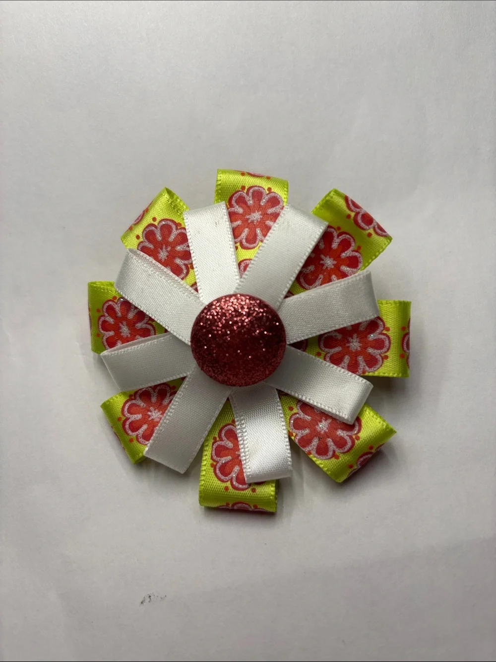 White & Pink Floral Ribbon Hair Bow